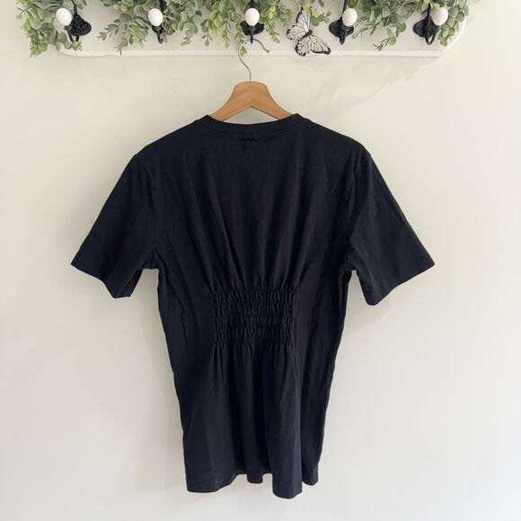 Open Edit Pintuck Cinched Waist Short Sleeve Black Tee Medium LS - Picture 3 of 3